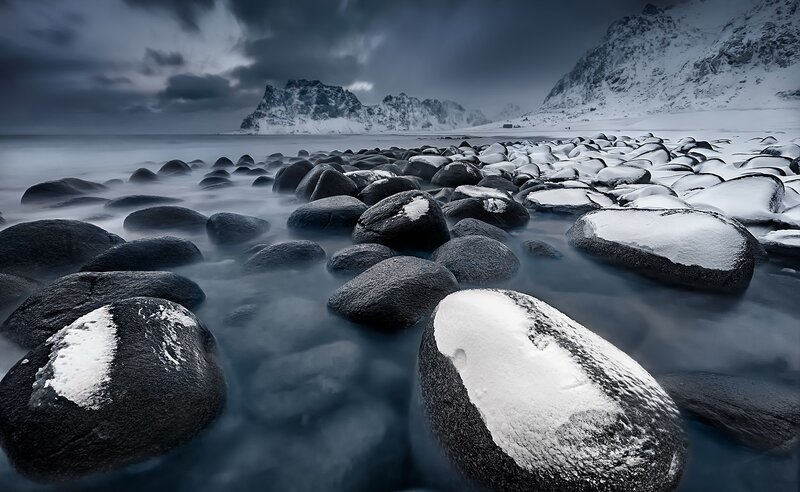 Snow-covered Rocks on Beach — Gray