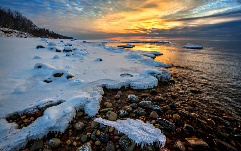 Snow-covered Rocky Shore — Blue