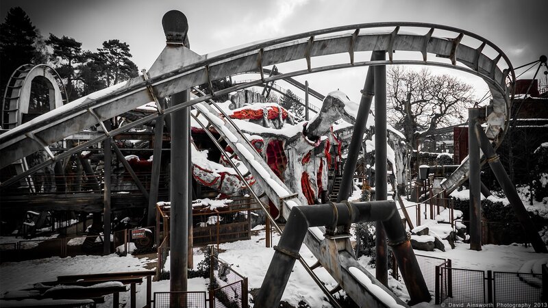 Snow-covered roller coaster in winter