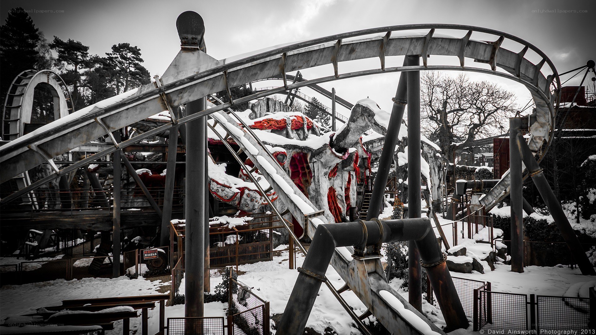 Snow-covered roller coaster in winter