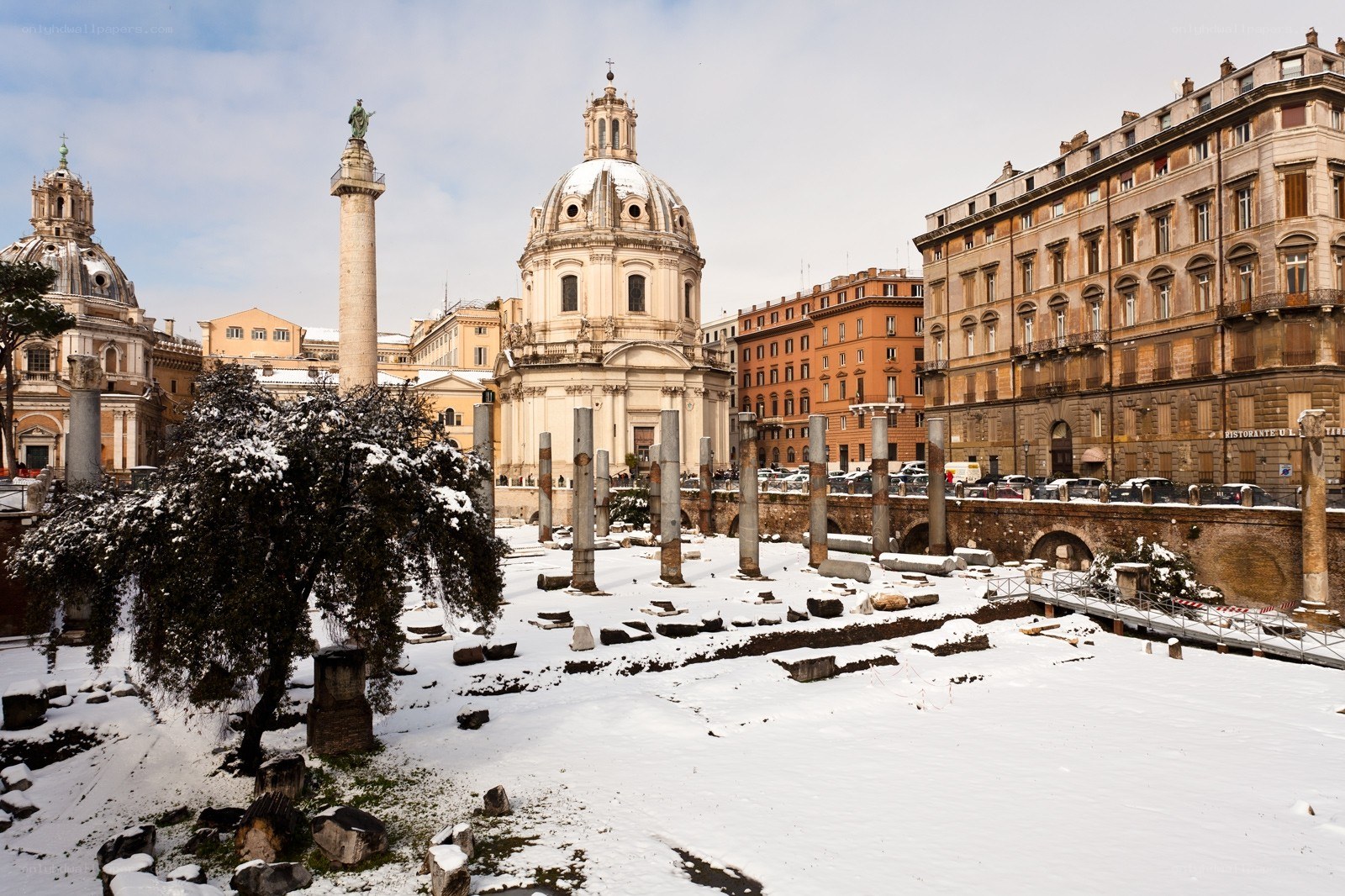 Snow-covered Roman ruins