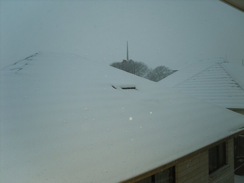 Snow-covered rooftops during a snowstorm