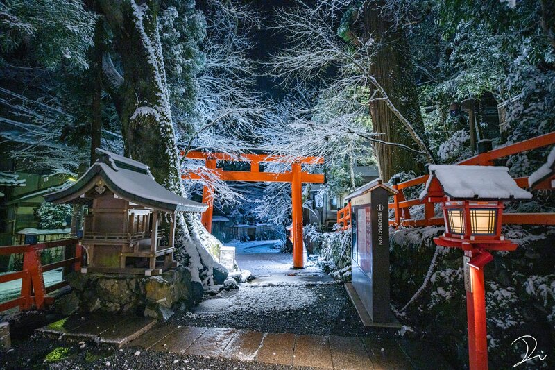 Snow-covered Shrine at Night