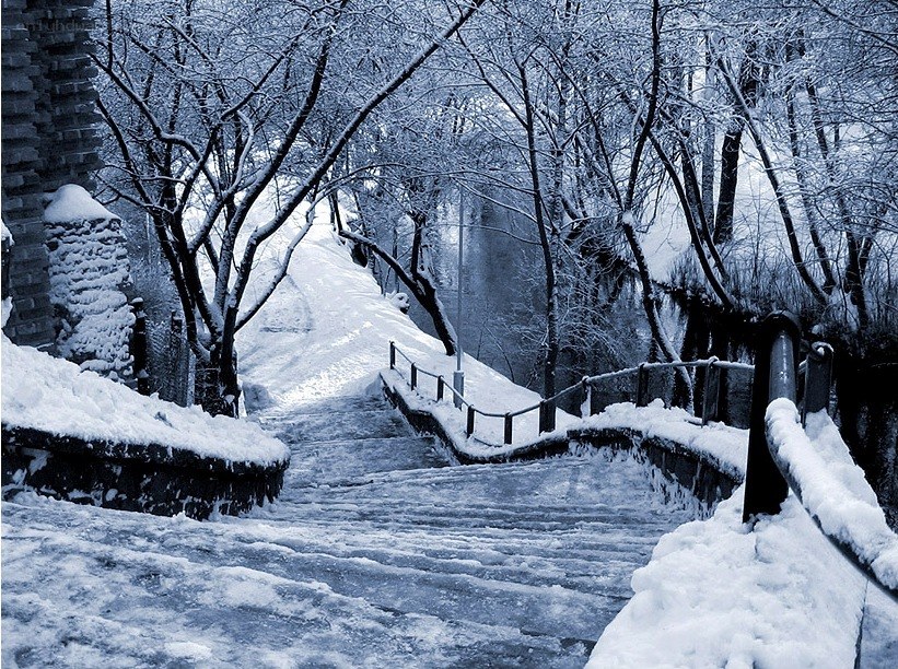 snow-covered staircase in winter
