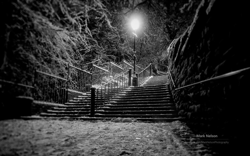 Snow-covered Stairs at Night — Black, Dramatic