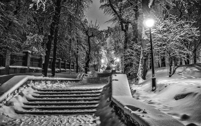 Snow-covered Stairs at Night — Black