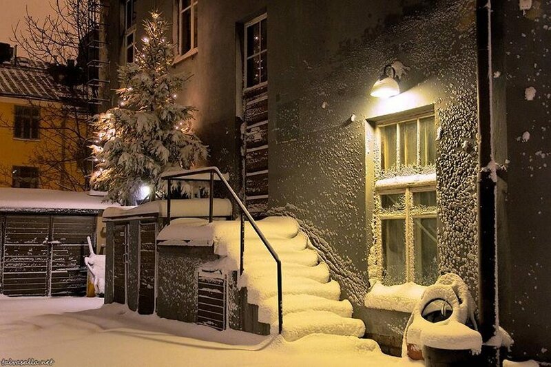 Snow-covered Stairs at Night