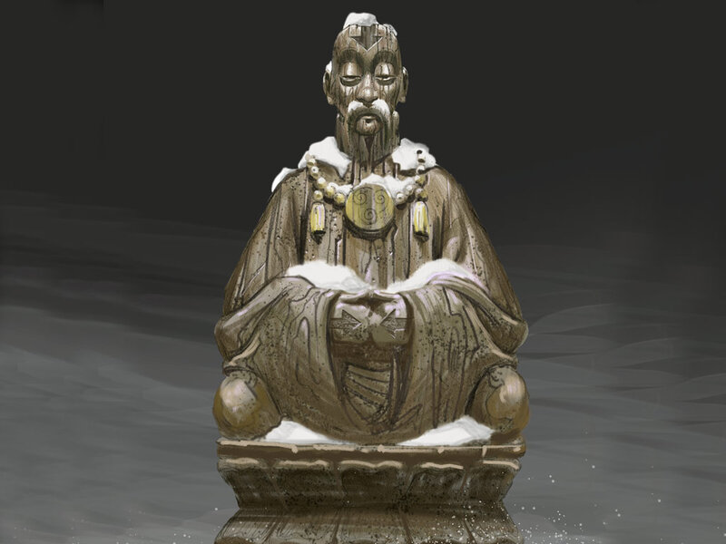 snow-covered statue of a sage