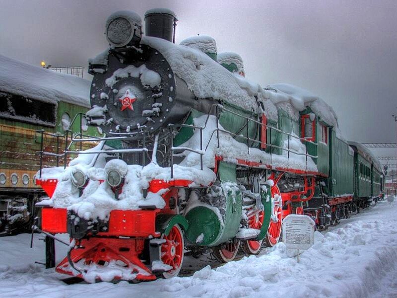 Snow-covered steam locomotive