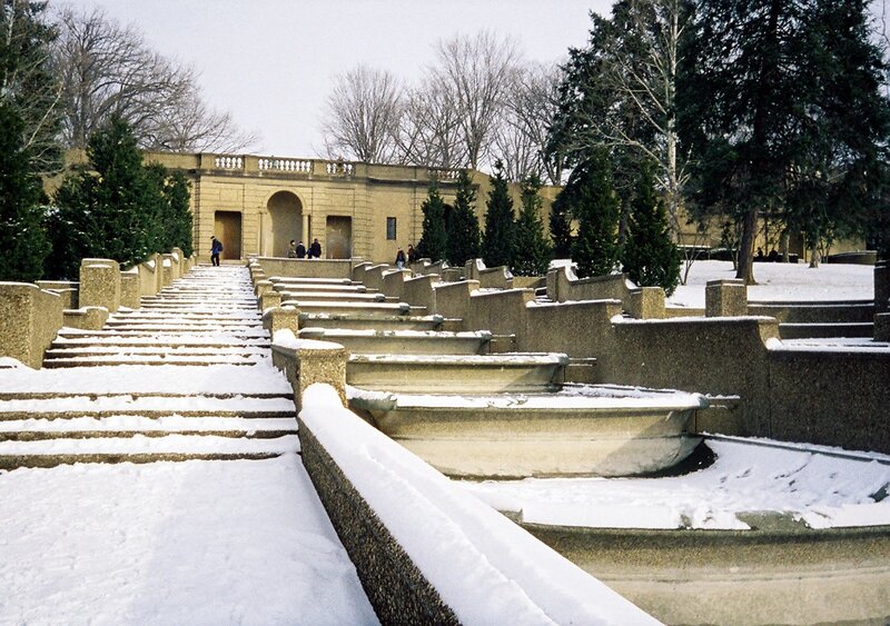 Snow-covered steps in a garden