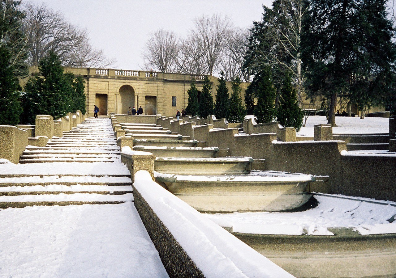 Snow-covered steps in a garden