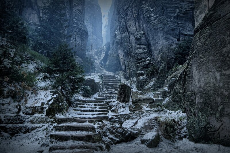 Snow-covered Stone Stairs — Gray, Dramatic
