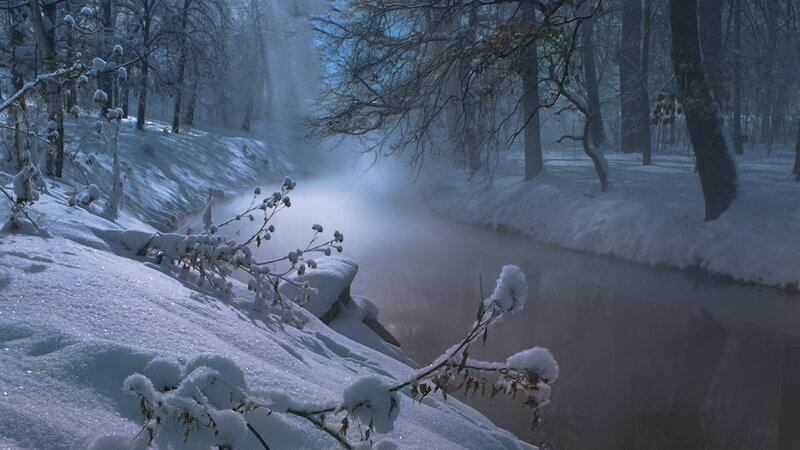 Snow-covered Stream — Blue, Cold, Winter, Photograph