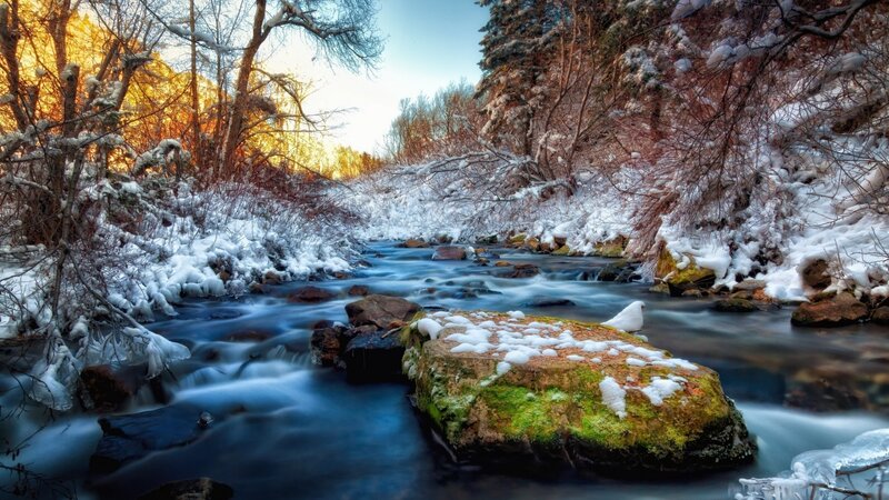 Snow-covered Stream — Blue, Serene, Winter, Photograph, River