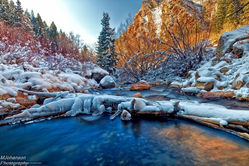 Snow-covered Stream — Blue, Serene, Winter, Photograph, River, Trees
