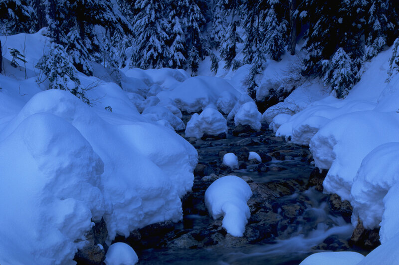 Snow-covered Stream — Blue, Serene, Winter, Photograph