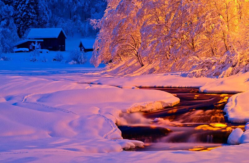 Snow-covered Stream — Blue, Serene, Winter, Photograph, Trees, Cabin