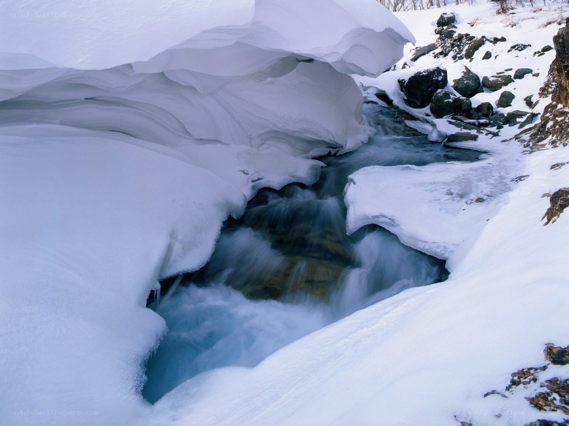 Snow-covered stream in winter