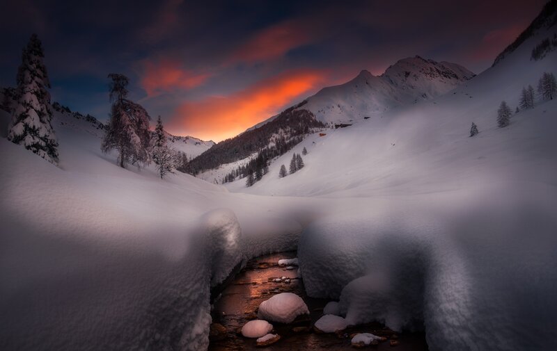 Snow-covered Stream — White, Dramatic, Sunset