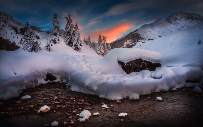 Snow-covered Stream — White, Serene, Sunset