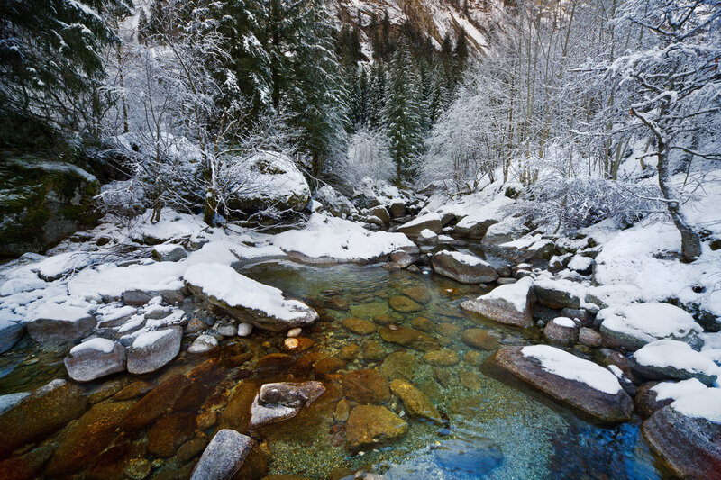 Snow-covered Stream — White, Serene, Winter, Photograph, River, Rocks