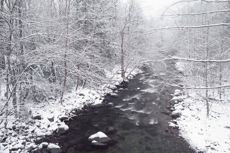 Snow-covered Stream — White, Serene, Winter, Photograph, River, Trees, Rocks