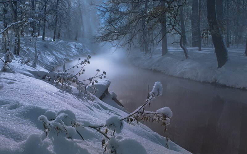Snow-covered Stream — White, Serene, Winter, Photograph, River, Trees, Snow, Mist