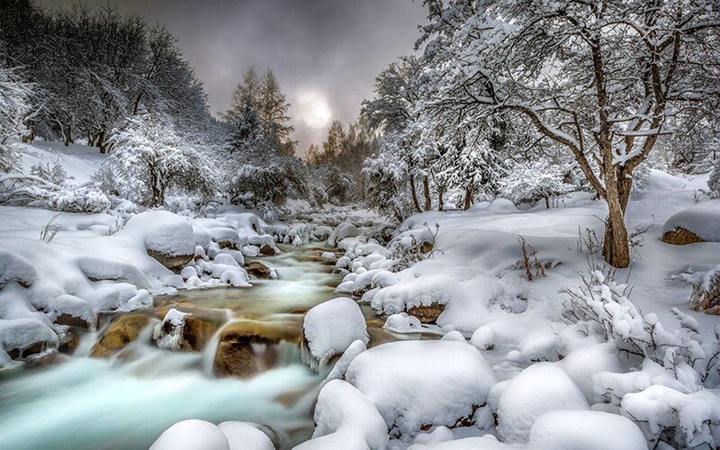 Snow-covered Stream — White, Serene, Winter, Photograph, River, Trees