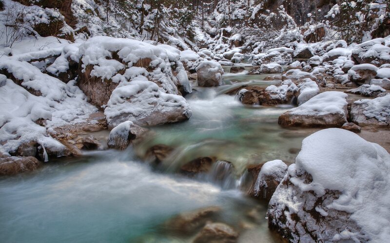 Snow-covered Stream — White, Serene, Winter, Photograph, Rocks