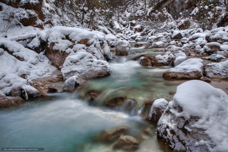 Snow-covered Stream — White, Serene, Winter, Photograph, Rocks, Trees