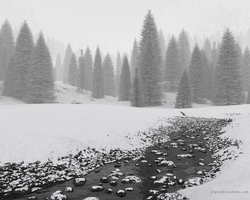 Snow-covered Stream — White, Serene, Winter, Photograph