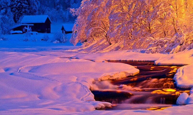 Snow-covered Stream — White, Serene, Winter, Photograph, Trees, Cabin, River