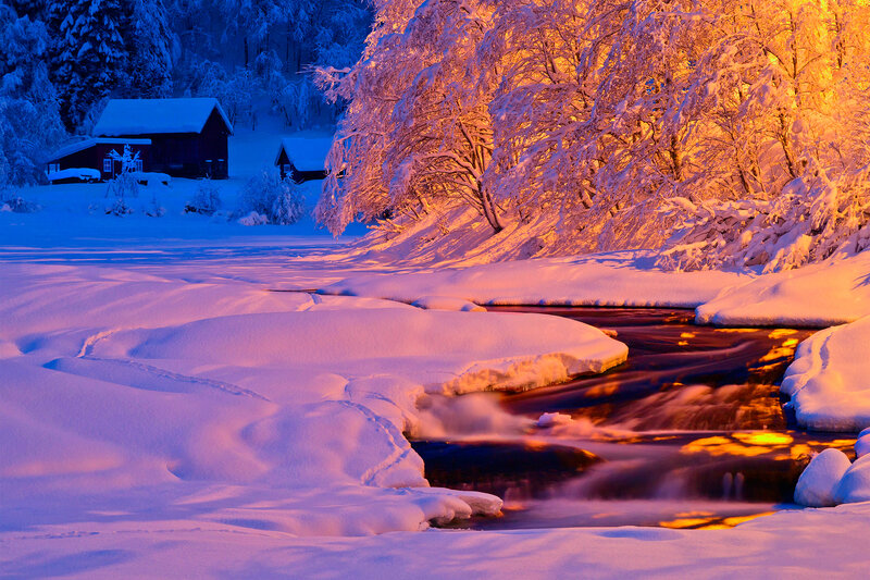 Snow-covered Stream — White, Serene, Winter, Photograph, Trees, Cabin
