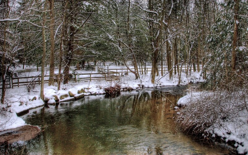 Snow-covered Stream — White, Serene, Winter, Photograph, Trees, Fence, River, Brown