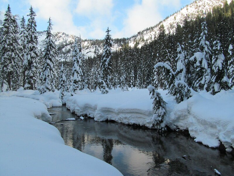 Snow-covered Stream — White, Serene, Winter, Photograph, Trees, Mountains