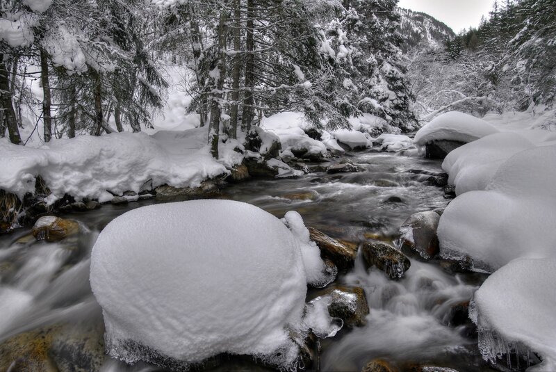 Snow-covered Stream — White, Serene, Winter, Photograph, Trees, Rocks