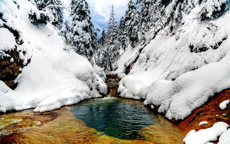 Snow-covered Stream — White, Serene, Winter, Photograph, Trees, Snow, Rocks