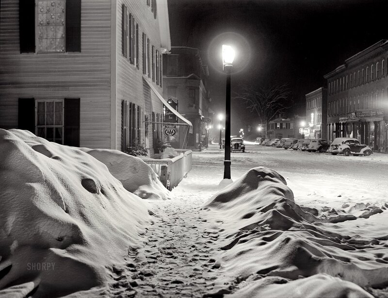 Snow-covered Street at Night — Black, Quiet, Photograph, Buildings, Cars