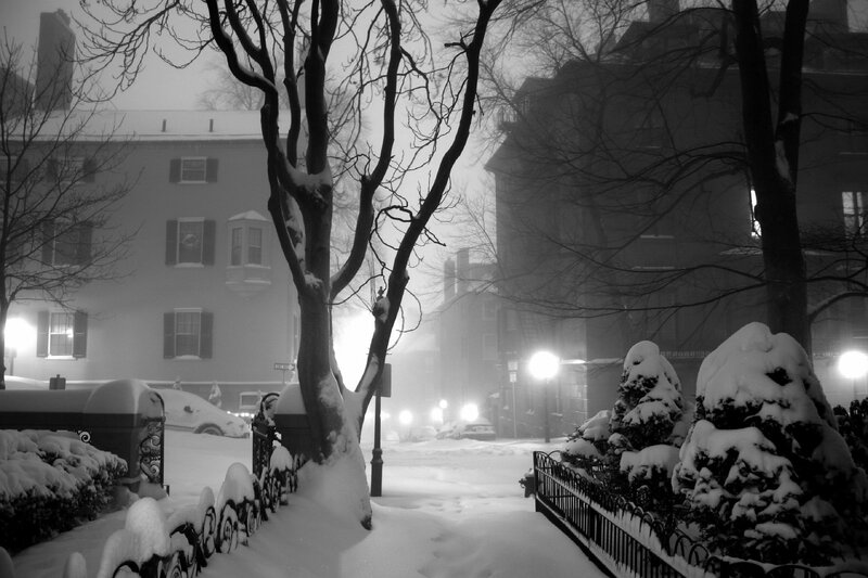 Snow-covered Street at Night — Black, Quiet, Photograph, Buildings, Trees, Streetlights, Cars