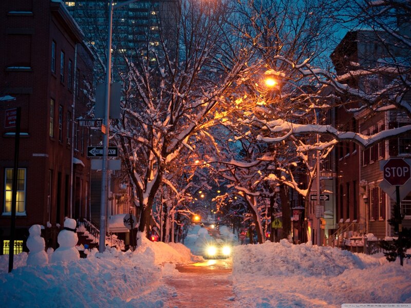 Snow-covered Street at Night — Blue, Calm