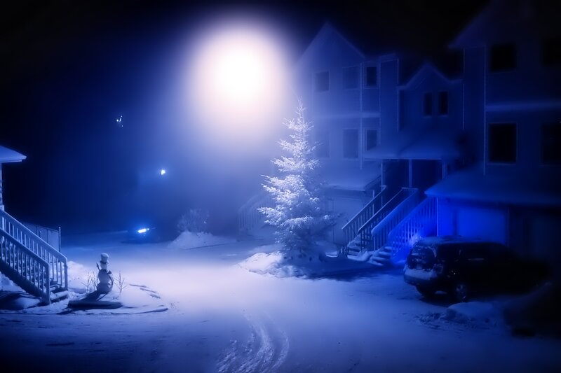 Snow-covered Street at Night — Blue, Cold, Photograph, Houses