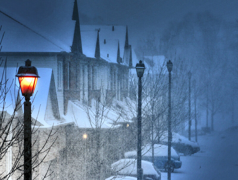 Snow-covered Street at Night — Blue, Cold, Photograph