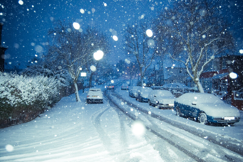 Snow-covered Street at Night — Blue, Cold