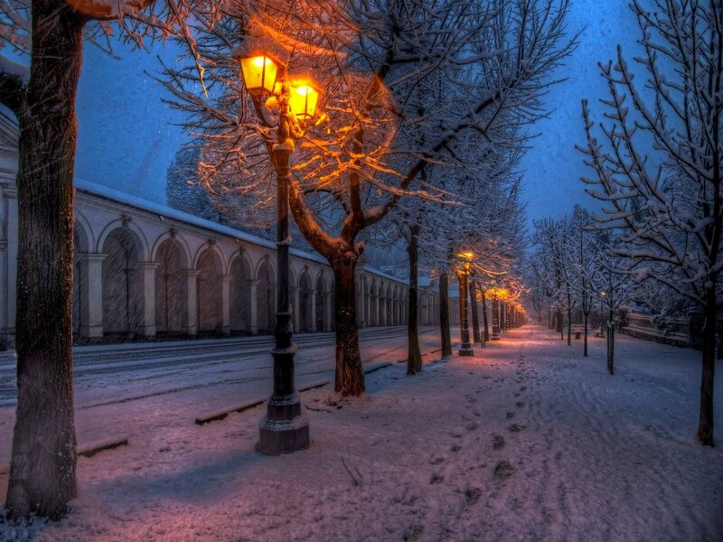 Snow-covered Street at Night — Blue, Serene