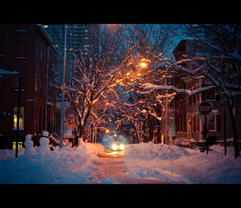 Snow-covered Street at Night — Blue