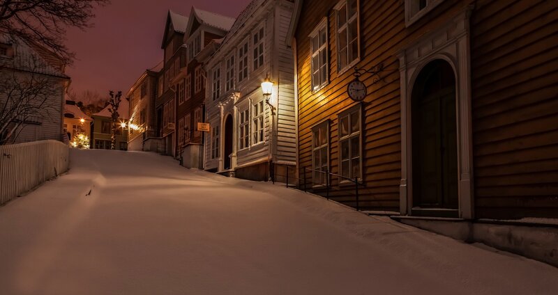 Snow-covered Street at Night — Brown, Serene, Photograph