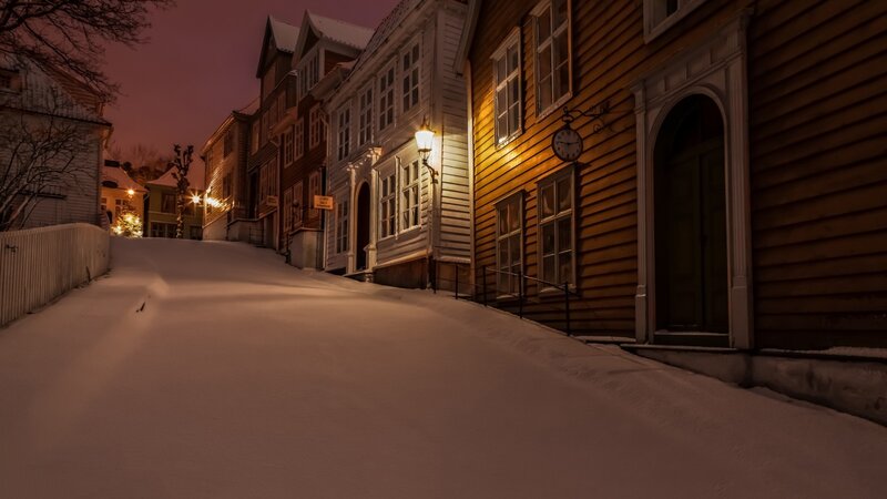 Snow-covered Street at Night — Brown, Serene