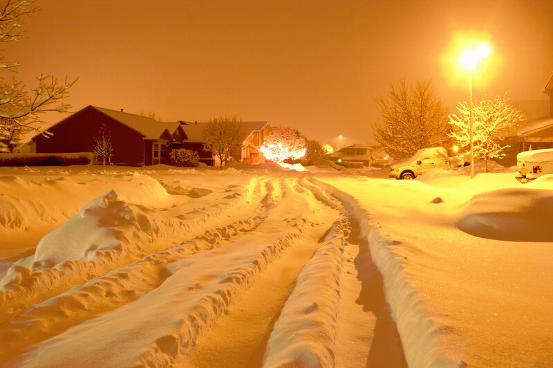 Snow-covered Street at Night — Orange, Calm