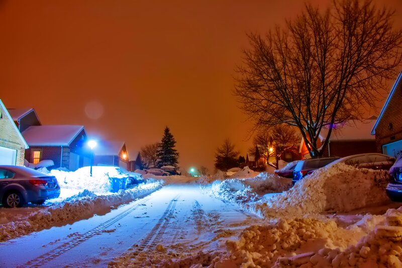 Snow-covered Street at Night — Orange, Cold