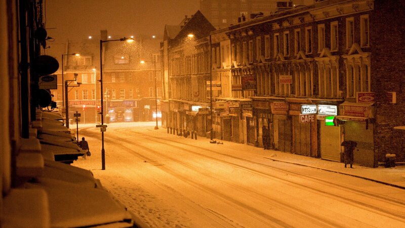 Snow-covered Street at Night — Orange, Quiet